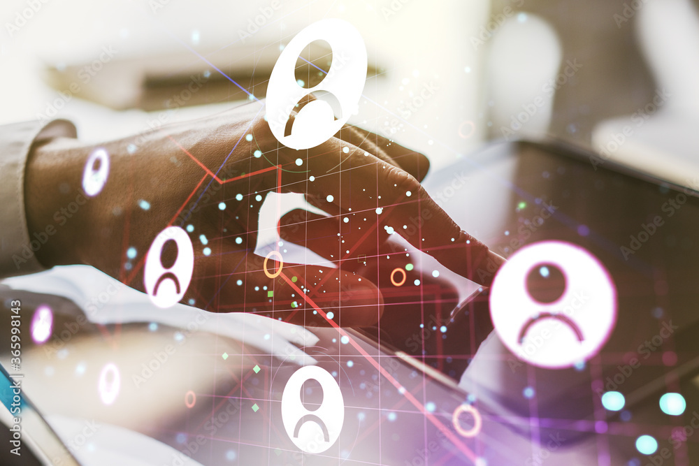 Poster double exposure of social network icons concept and hand working with a digital tablet on background