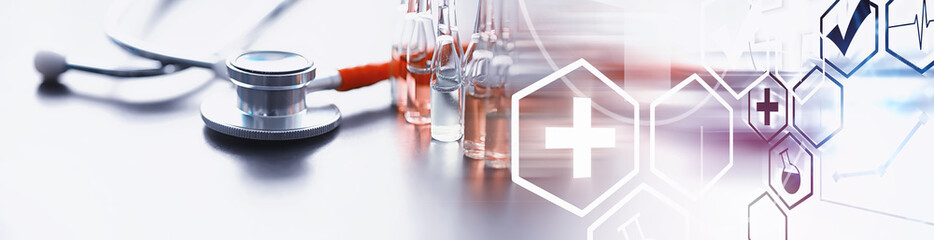 Test tubes with drugs and tests to test the victims and treat the infected. Ampoules with medicines. Set of test tubes with medicine.