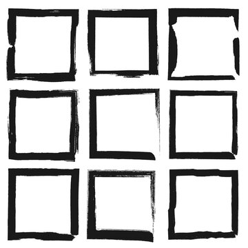 Set of vector square grunge black stickers isolated on white background. A group of labels with uneven rough edges drawn with an ink brush. Vector design elements, 9 square frames