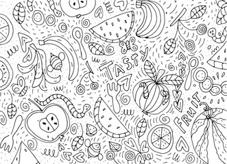 Fruit coloring page, hand drawn in doodle style - watermelon, banana, apple, lemon, cherry, caterpillar. Isolated on white background. Stock vector illustration.