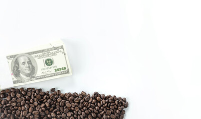 coffee and banknote lay on white background for concept coffee trading.