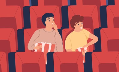 Surprised, interested young man, boys at movie theater eating popcorn in empty cinema hall. Teenager friends, two excited boys watching film, sitting in armchair. Flat vector cartoon illustration