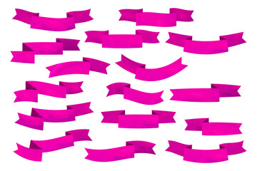 Obraz premium Set of pink flat ribbons isolated on white background. Ribbon banner vector illustration. Watercolor lace.