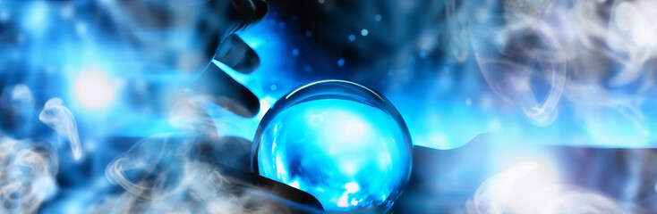 Astrological background. Crystal ball with predictions. Horoscope of the stars. Fortune telling and determination of fate. Soothsayer with a crystal ball.