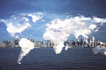 Obraz premium Double exposure of business theme hologram drawing and city veiw background. Concept of success.