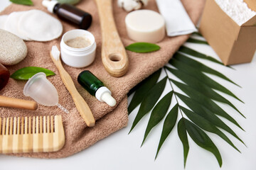 beauty, sustainability and eco living concept - natural cosmetics and bodycare eco products on white background