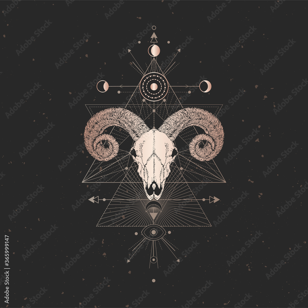 Wall mural Vector illustration with hand drawn Ram skull and Sacred geometric symbol on black vintage background. Abstract mystic sign. Gold linear shape.