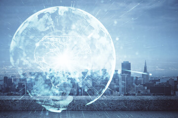 Double exposure of business theme hologram drawing and city veiw background. Concept of success.