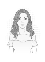 Vector illustration of a beautiful young woman with long flowing hair on a white background. Monochrome image.