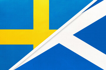 Sweden and Scotland, symbol of national flags from textile. Championship between two European countries.