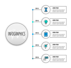 Infographics circles with 5 steps, labels. Flat line vector template. Can be used for five diagrams, business, web, banner, presentations, flowchart, info graph, timeline, content, levels, chart
