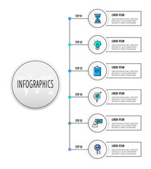 Infographics circles with 6 steps, icons. Flat line vector template. Can be used for six diagrams, business, web, flowchart, info graph, timeline, content, levels, chart. Data visualization.