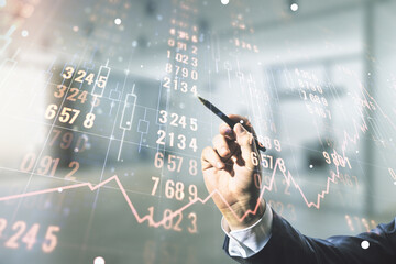 Multi exposure of male hand with pen working with abstract virtual graphic data spreadsheet sketch on blurred office background, analytics and analysis concept