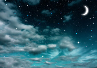 Obraz na płótnie Canvas 幻想的な空（三日月と星と雲　02）