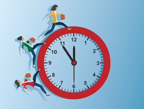 Run to reach success in time. Brave woman running around the clock. Concept with diffent people in different situations. Vector illustration.
