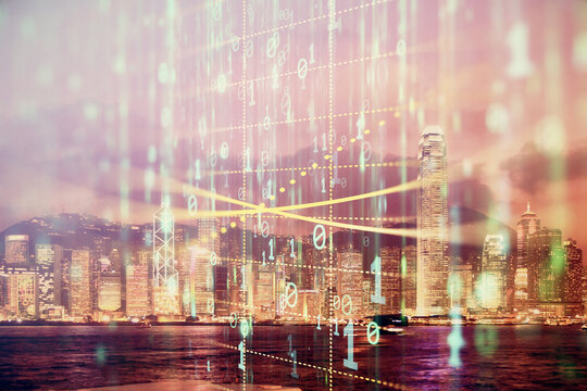 Data theme hologram drawing on city view with skyscrapers background double exposure. Ai concept.