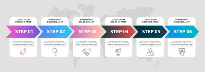 Vector infographics arrows with 6 successive steps, labels. Six colorful rectangular elements. Can be used for diagram, business, web, banner, workflow layout, presentations, info graph, levels, chart
