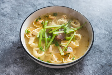 plant-based food, vegan ravioli pasta with vegetable broth and celeri
