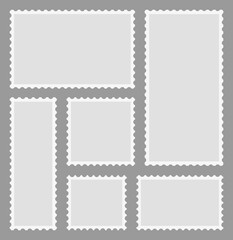 Stamp and postage. Frame of envelope with perforated edge. Post label. Paper postcard with border. Blank postal template. Vintage letter for collection of album. Mockup of mail sticker. Vector