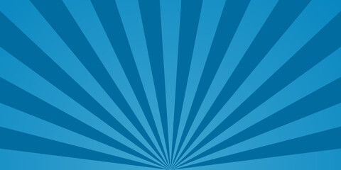 Comic starburst. Blue background with sunburst. Retro radial rays with bright effects for book. Blue pop abstract texture with sunbeam. Burst of lightning in the sky. Graphic lines from 70s. Vector