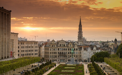 Naklejka premium Brussels / Belgium - 2020: Sunset light on the streets of the city