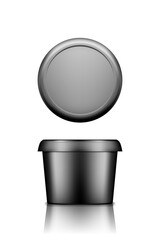 Black butter, cheese or margarine circle container with lid mockup - front and top view. Blank plastic food package: cream, yogurt, dessert, spread. Product template. Isolated 3d vector illustration