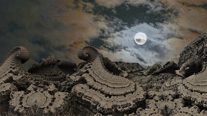 Waves of solidified stone against the background of the moon and clouds. Fractals