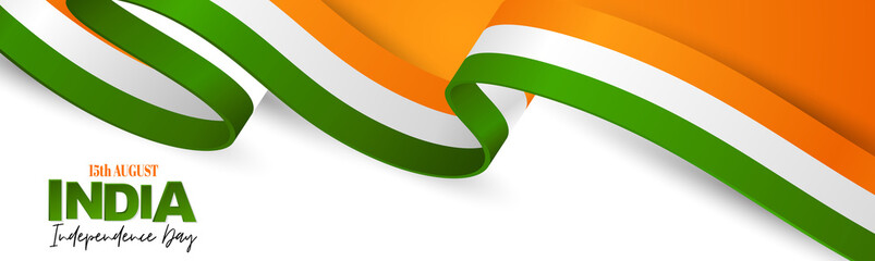 India Independence Day. Indian national August 15th holiday celebration header or long banner with orange, white, and green flag ribbon. Vector illustration.