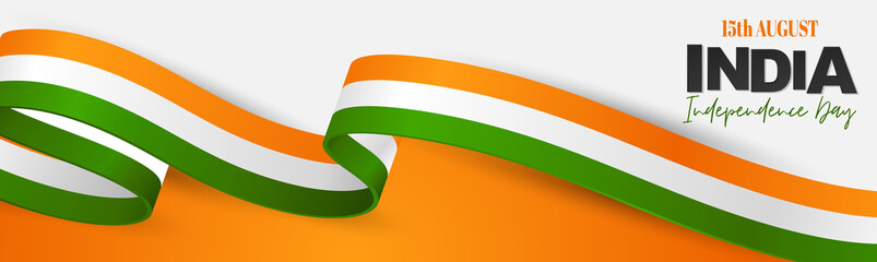 India Independence Day. Indian national August 15th holiday celebration header or long banner with orange, white, and green flag ribbon. Vector illustration.