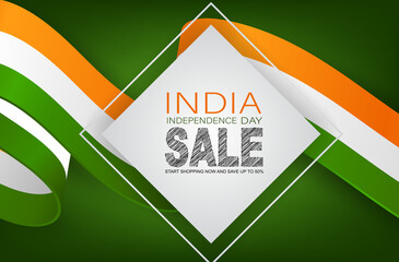 India Independence Day sale. Indian national August 15th holiday celebration banner with orange, white, and green flag ribbon. Vector illustration.
