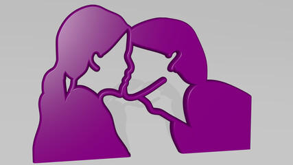 LGBT LESBIAN GIRLS KISSING made by 3D illustration of a shiny metallic sculpture with the shadow on light background. rainbow and flag