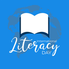 8 september International Literacy Day. Poster, banner, flyer, greeting card with open book pages on blue globe Earth background. Concept design for education holiday. Vector illustration