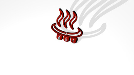 3D representation of hot with icon on the wall and text arranged by metallic cubic letters on a mirror floor for concept meaning and slideshow presentation. background and illustration