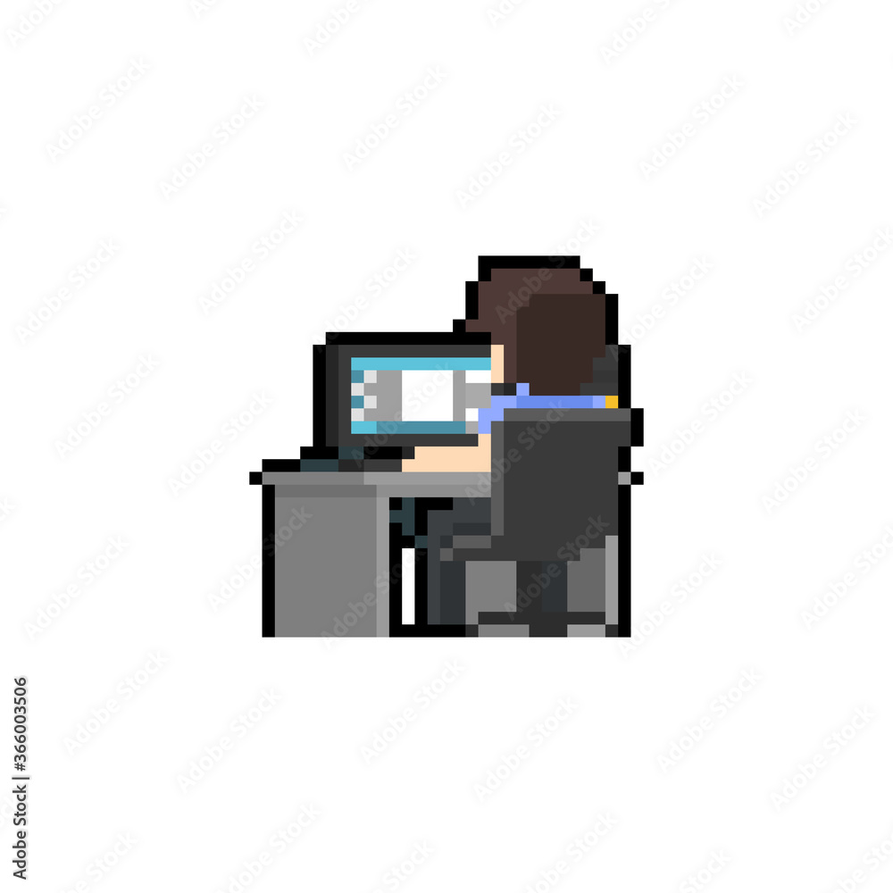 Fototapete pixel art man character working at computer desk.