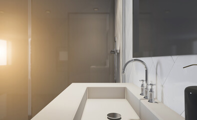 Fototapeta na wymiar Spacious bathroom in gray tones with heated floors, freestanding tub. 3D rendering.. Sunset.