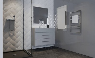 Scandinavian bathroom, classic  vintage interior design. 3D rendering.. Empty paintings