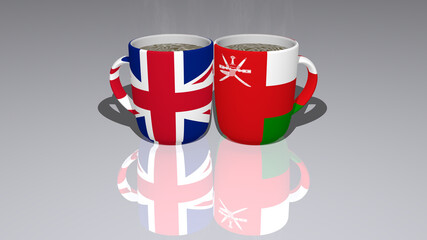 united-kingdom oman placed on a cup of hot coffee in a 3D illustration with realistic perspective and shadows mirrored on the floor