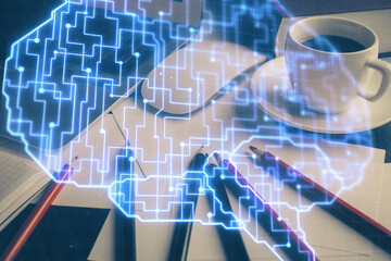 Double exposure of desktop computer and human brain drawing hologram. Ai concept.