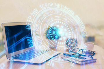 Double exposure of desktop with computer on background and tech theme drawing. Concept of big data.
