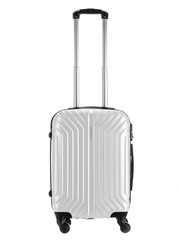 silver plastic suitcase for traveling on wheels
