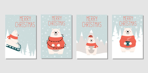 Christmas card templates with polar bears and lettering. Vector isolated xmas banners. Holiday background for noel invitations.