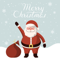 Christmas Santa Claus with gift, bag with presents. Vector isolated illustration for xmas cards, banners and labels.