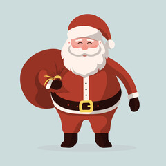 Cartoon Christmas Santa Claus with gift bag with presents. Vector isolated funny happy new year illustration for xmas cards, banners and labels.