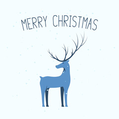 Merry christmas card with deer. Invitation template for winter holiday with stag and snow sparkles. Vector isolated poster for xmas with lettering.