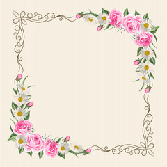 Beautiful vintage frame with flowers on striped background