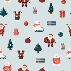 Merry christmas seamless pattern with gifts and presents. Holiday texture with santa claus, christmas tree and cute polar bear. Vector isolated background for xmas wrapping paper.
