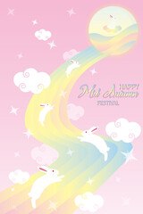 Mid Autumn Festival fantasy vector design. Dream-like full moon, rabbits, clouds, stars, and rainbow. Happy Mid Autumn Festival