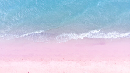 Blue sea and white sand beach in summer landscape for web advertisment and poster background.Aerial view of seashore coastline by drone