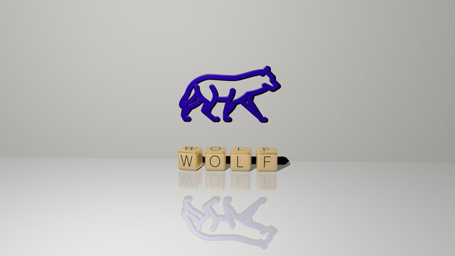 3D illustration of wolf graphics and text made by metallic dice letters for the related meanings of the concept and presentations. animal and background