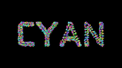 Fototapeta premium Colorful 3D writing of CYAN text with small objects over a dark background and matching shadow. blue and illustration